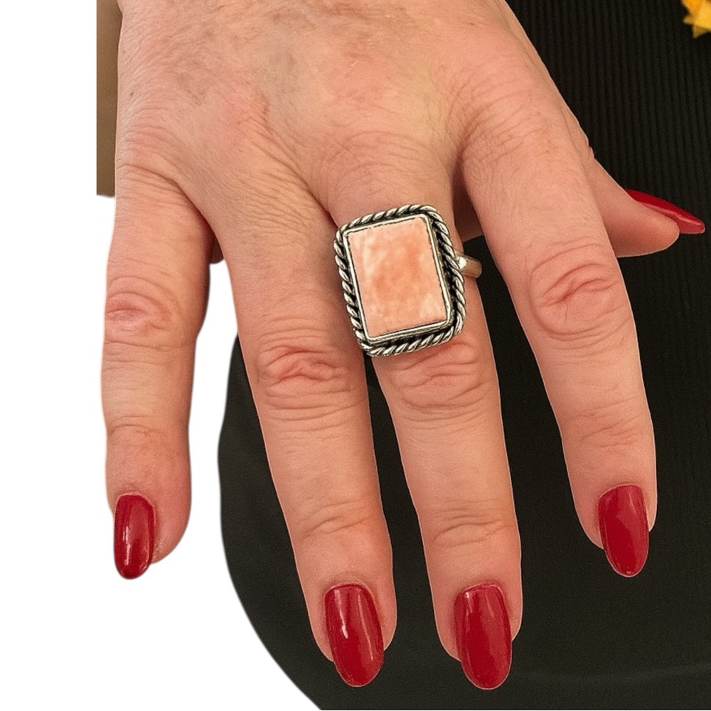 💕 Rhodochrosite dainty rectangle ring silver‎ overlay adjustable hand crafted